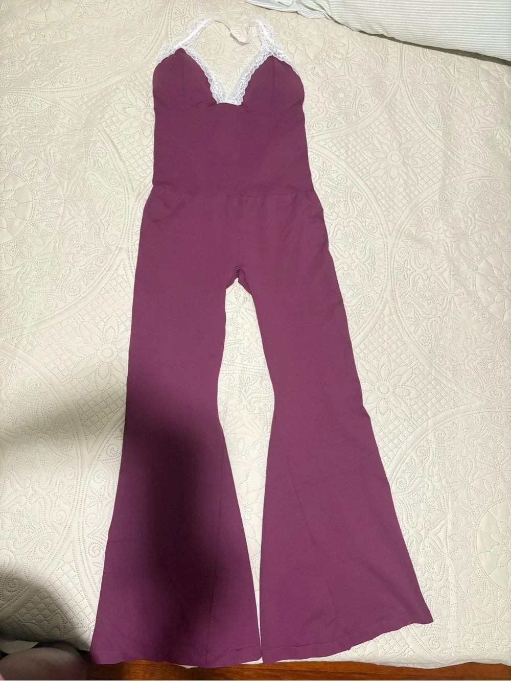 Girls' Plum Lace-Trim Flared Jumpsuit